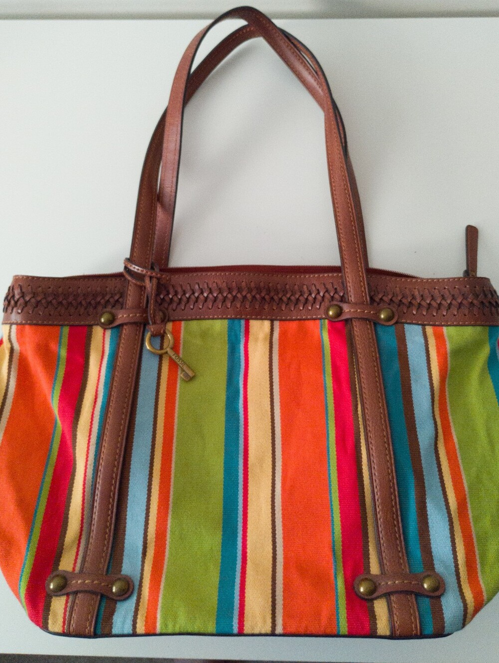 Fossil Key Per Striped Canvas Leather Trim Tote Bag Key Charm 75082 Vintage Boho